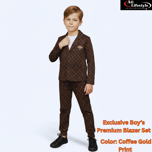 Exclusive Boys Blazer Set Coffee Gold Print