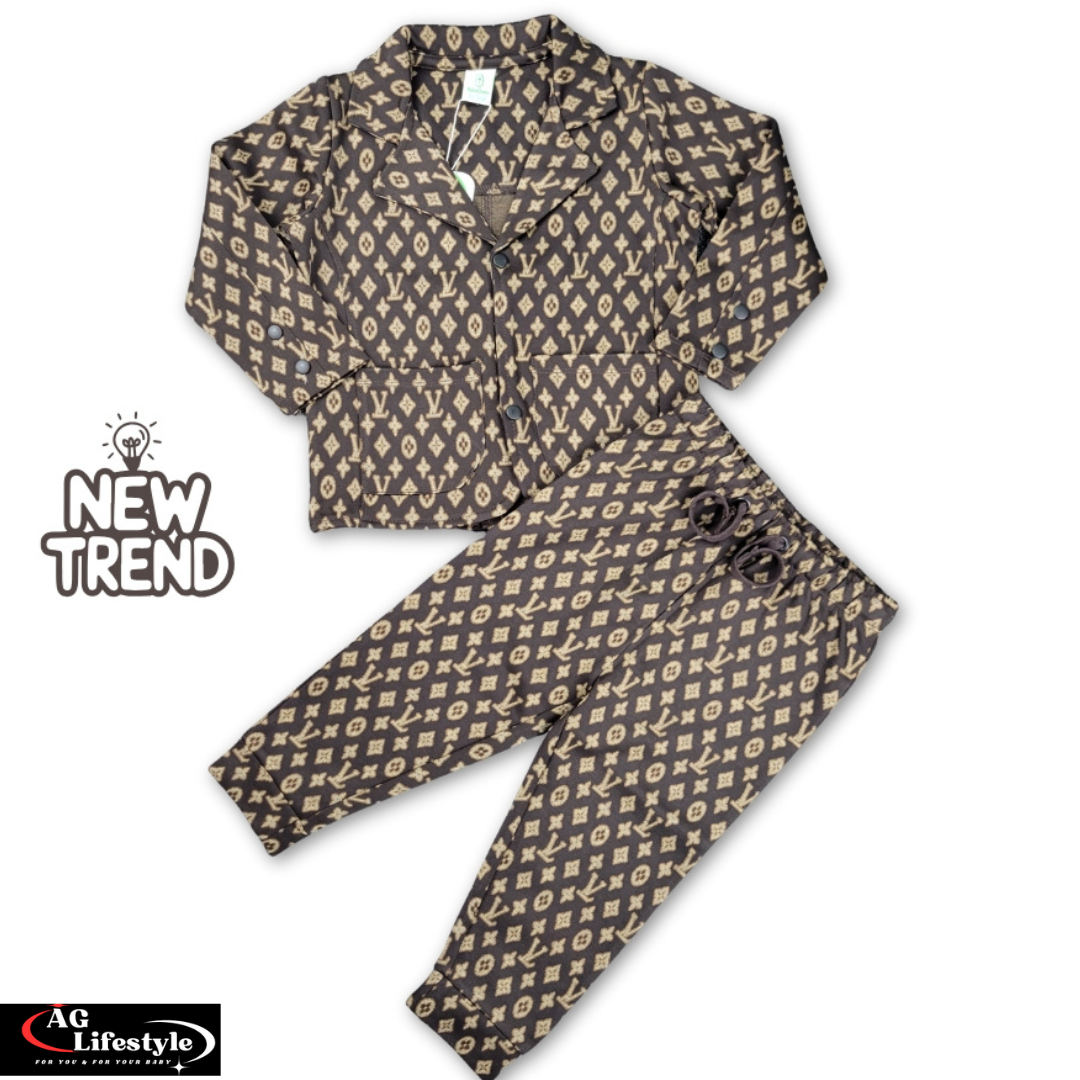 Exclusive Boys Blazer Set Coffee Gold Print