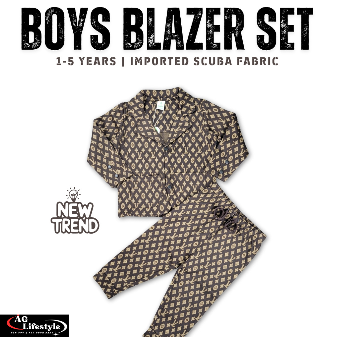 Exclusive Boys Blazer Set Coffee Gold Print
